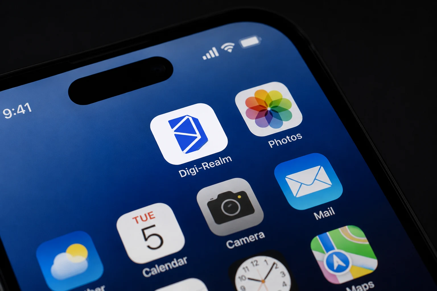 Digi-Realm logo displayed as a phone app icon mockup