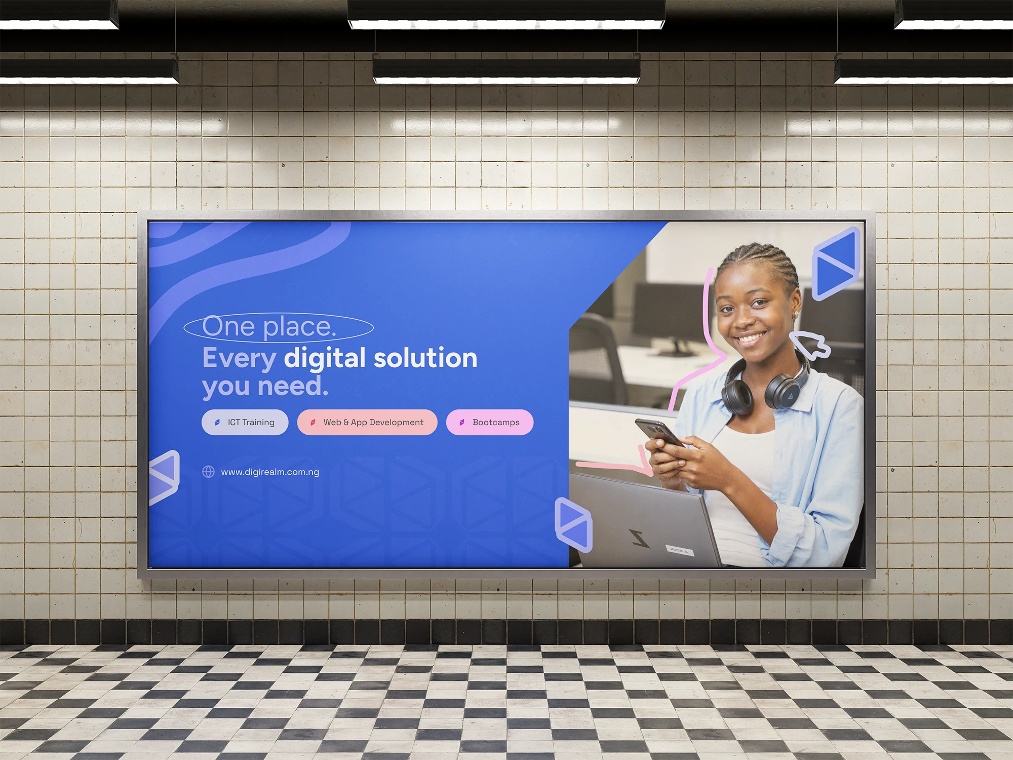 Digi-Realm blue campaign artwork presented on a subway billboard mockup