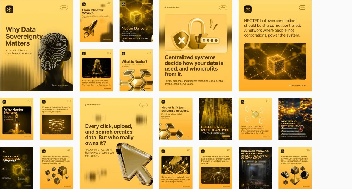 Yellow and black Necter social campaign designs explaining data sovereignty and decentralised infrastructure