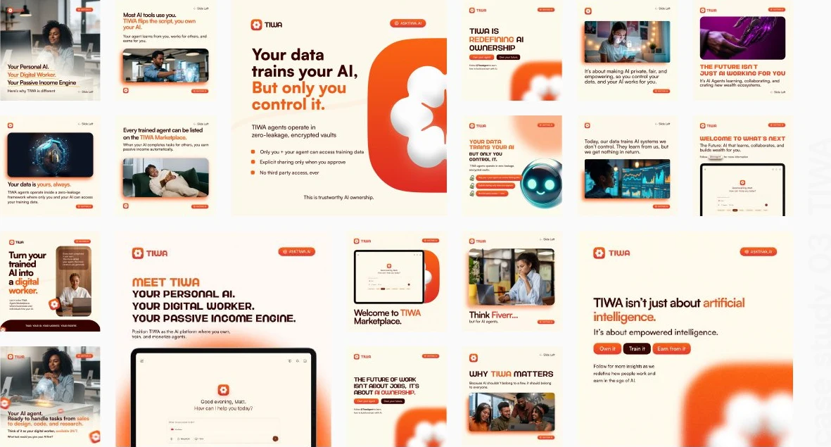 TIWA social campaign collection with orange and cream layouts, product explanations and photography